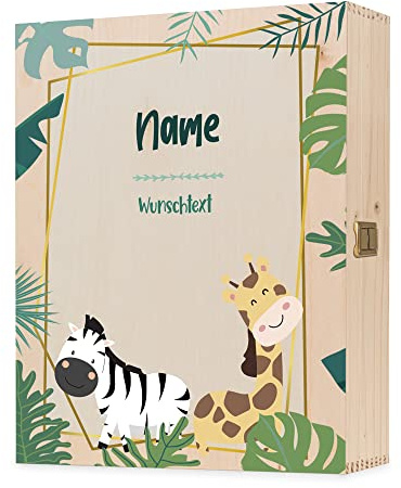GRAVURZEILE Bedruckte Holzkiste für Kinder- Dschungel Design - Personalisiert mit Wunschname & Text - ca.38x30,5x10 cm - Erinnerungsbox Aufbewahrungsbox aus Holz - Farbe: Große UV Kiste