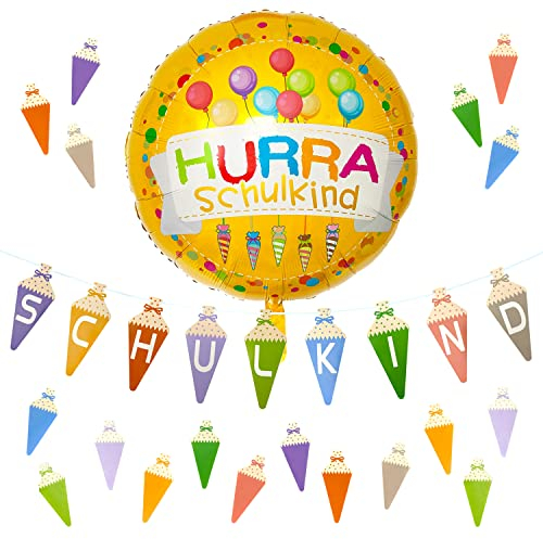 Oblique Unique® Schuleinführung Schulanfang Einschulung Deko Set - Zuckertüten Girlande + Folienballon “HURRA Schulkind” + Zuckertüten Konfetti