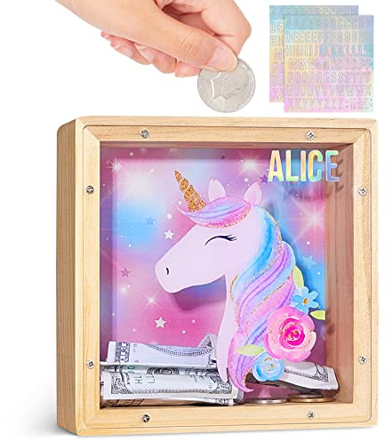 Beinou Spardose Kinder Sparschwein Mädchen Einhorn Sparbüchse Acryl- Sparkasse Piggy Bank Kinderspardose Taufgeschenke Jungen mit Personalisierten Buchstaben