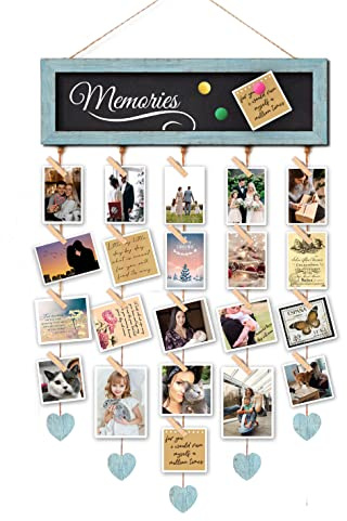 EXQUIDECA Picture Frames Collage Display Board with 30 Clips - Multi Photos Cards Organizer with Adjustable Twines and Magnetic Blackboard - DIY Wall Decor Hanging Picture Holder 15.7x5 Inches