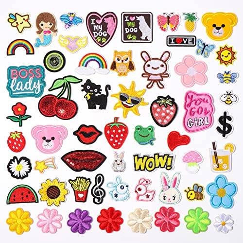 Diboniur 60 Stück Patches zum Aufbügeln, Flicken zum Aufbügeln Kinder, Bügelbilder für Textilien, Bügelflicken Kinder für T-Shirt,Jeans, Kleidung Taschen,Mützen,Reparieren Sie das Loch