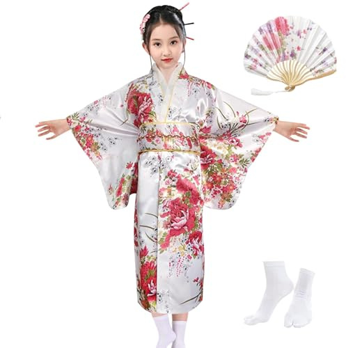 KRUIHAN Kimono Japonés Niñas, Yukata Estilo Tradicional, Bata de Satén, Disfraces de Cosplay, Vestido de Fiesta, Spa, Con Abanico Plegable y Calcetines Tabi, Estilo B, Blanco, 150