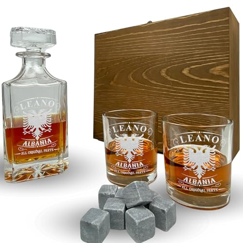 Whisky Set mit Gravur Albanien personalisiert Karaffe 700 ml und Gläser graviert Adler Wappen Flagge Albania Geschenkbox (Karaffe + 1 Glas)