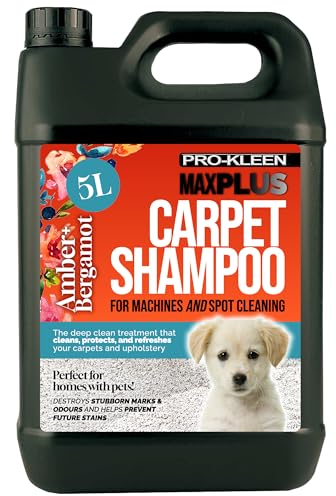 Pro-Kleen MAXPLUS Carpet Shampoo Cleaner – Premium Formula, Removes Dirt, Stains, Marks, Pet Deposits & Odours, Suitable for all Machines (Amber and Bergamot Fragrance, 5 Litres)