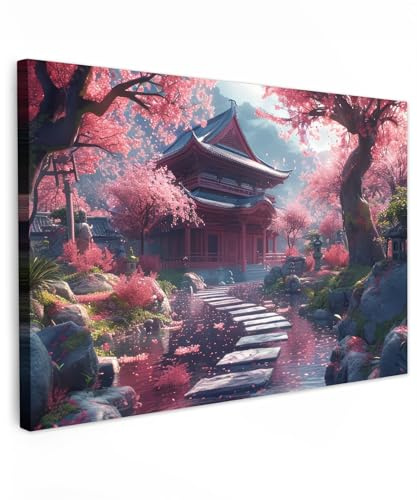 MuchoWow© Cuadros para Salon Foto con Lienzo Canvas Laminas Cuadro | 90x60 cm - Dormitorio Decoracion Hogar Pared Quadro Jardín japonés - Cerezos en flor - Sakura - Japón