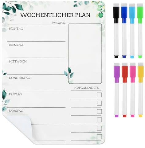 A4 Wochenplaner Abwischbar,Klebrig Haushaltsplaner Essensplaner Woche Menüplaner mit 8 Whiteboard-Stift,Wiederverwendbarer Einkaufsliste To Do Liste, Eukalyptus Design