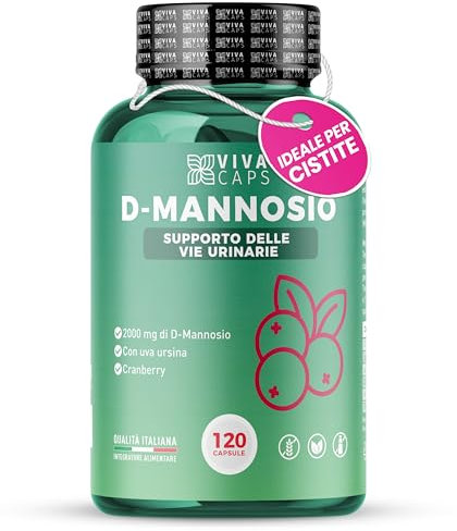 D Mannosio Puro 2000 mg al giorno 120 Capsule, integratore cistite donna con uva ursina, cranberry e tea tree, non altera la flora batterica - Made in italy