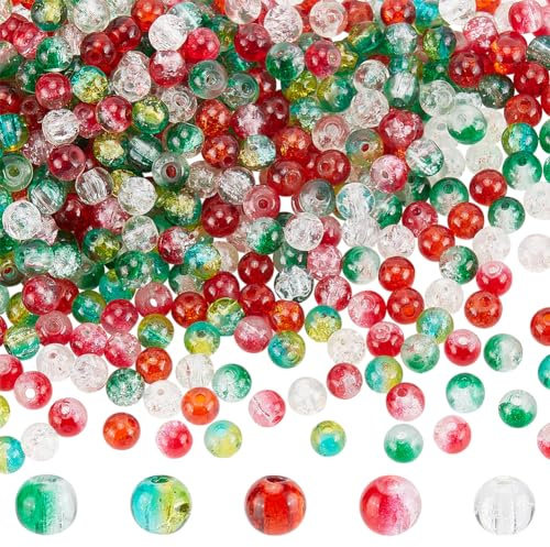 PH PandaHall 500pcs Red Green Beads 5 Colors Christmas Glass Beads 6mm Round Crackle Bead Bracelet Craft Bead for Jewellery Making DIY Craft Bracelet Necklace Earring