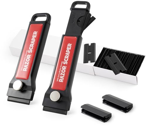Gomake Plastic Razor Blade Scraper Tool with Blade Container 2PCS Razor Scraper with Extra 100PCS Plastic Blades for Adhesive Labels and Decals Sticker Removal on Car Window Glass Floor (W80)