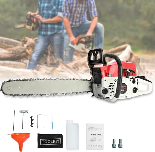 tronçonneuse thermique 58 CC de 50,8 cm chaine tronconneuse scie à chaîne à essence à 2 temps facile à démarrer, elagueuse thermique pour couper les arbres, le bois, la coupe des branches (rouge)