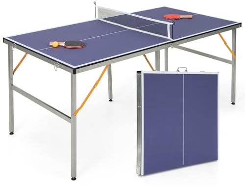 GYMAX Faltbarer Tischtennisplatte inkl. Netz, 2 Schläger & 3 Bällen, Indoor Tischtennistisch 166 x 90 cm, Tischtennis Set für innen & außen, Blau