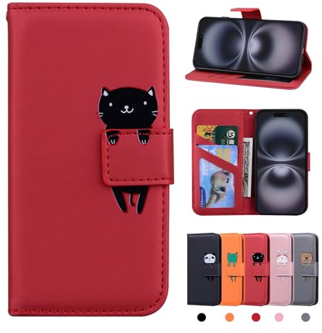 Rostsant Fodral kompatibelt med iPhone 16 PU-läderfodral kompatibelt med iPhone 16 magnetisk plånbokshållare vikbart fodral för kompatibel med iPhone 16 katt röd
