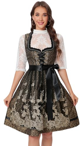 KOJOOIN Dirndl Robe midi courte pour femme avec 3 pièces avec robe Dirndl, tablier, chemisier Dirndl pour la fête de la bière, taille 34-52 (emballage réutilisable), noir/or, 46