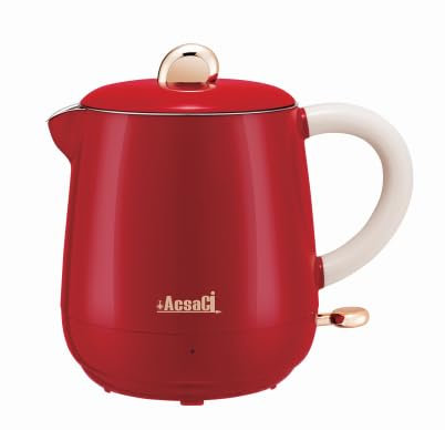 +AcsaCi Electric Double Wall Red Kettle, 600ml, NW 580g, Inside SS Food Grade, Outside Plastic Safety Cool Touch, Save Energy, 1000W, Perfect for 1-2 People living in Home/Students