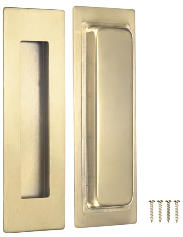 M METERXITY 2-Pack Recessed Finger Pulls, 5.90 Inch Square 304 Stainless Steel Sliding Closet Door Handles for Barn Door, Rectangular Flush Pulls Handles [Gold Tone]