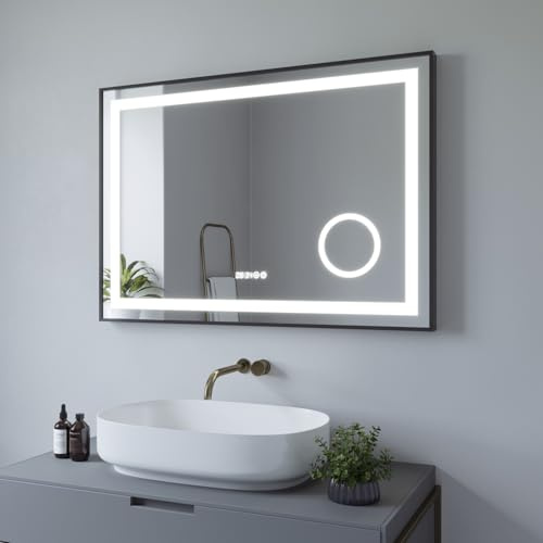 AQUABATOS® 100x70 cm LED Badspiegel mit Beleuchtung Badezimmerspiegel Digital Uhr Aluminiumrahmen Schwarz matt Touch Dimmbare Kaltweiß Beschlagfrei Heizung Schminkspiegel 3-Fach Vergrößerung