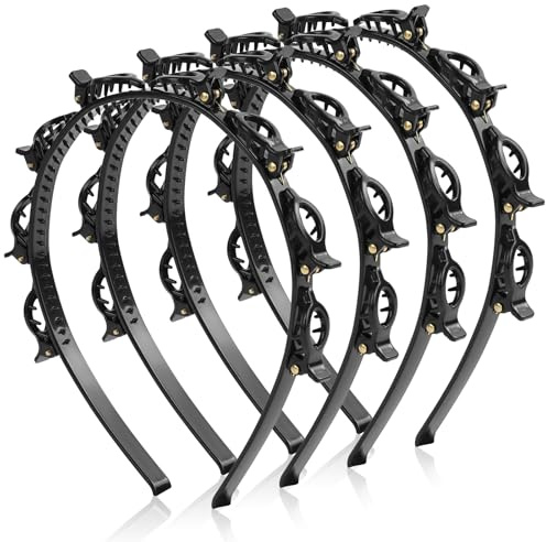 LOPHE Diadema con Pinzas, Paquete de 4 Diademas con Clips de Plástico, Banda para el Cabello con Horquillas, Diadema de Doble Trenza, Horquilla de Doble Flequillo para Mujeres (Negro)