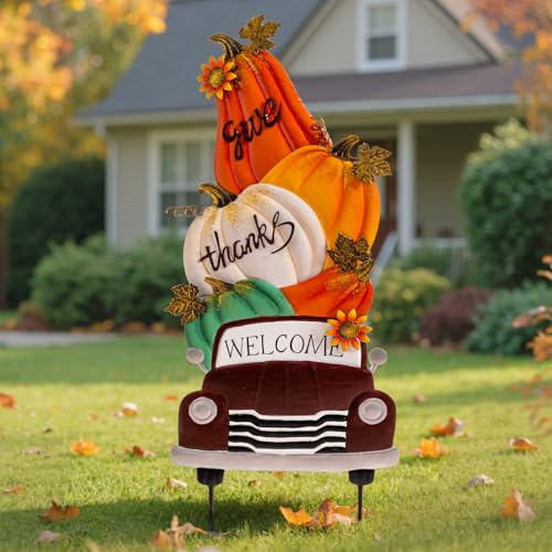 Lanpn 29x76cm Gartenstecker Dekorative Herbst, Metall Wasserdicht Gartenpfähle 3 Gestapelt Kürbis Muster für Haustür Weg Straßengang Hof Außen Aussen Herbstdeko Herbstdeko Thanksgiving