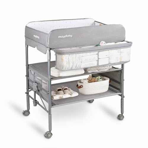 Maydolly Baby Changing Table, Portable Foldable Changing Station with Wheels, Waterproof Surface, Adjustable Height Baby Changing Unit with Storage Rack for Newborn (Grey)