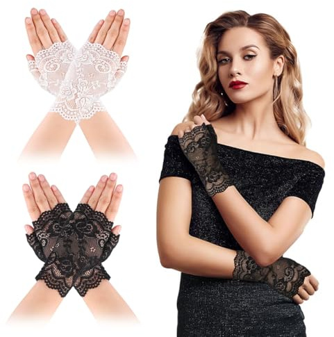 EAVUYIS 2 Pares Guantes cortos de encaje para mujer de Halloween guantes de muñeca para novia sin dedos guantes para fiesta de té guantes cortos de encaje elegantes bloqueador solar