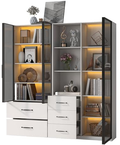 KecDuey Vetrina in vetro 140 x 40 x 160 cm, armadio alto, libreria e armadio multifunzione con scomparti in vetro e aperti, cerniere a chiusura delicata, vetrina LED multicolore