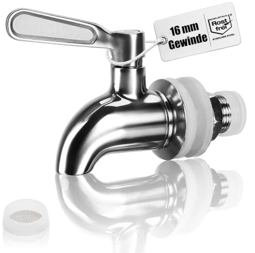 com-four® Zapfhahn aus Edelstahl 304 (16 mm Gewinde) mit Zubehörset | Ersatzhahn für Getränkespender - Saft - Kombucha - Bier - Wein - rostfrei - lebensmittelecht