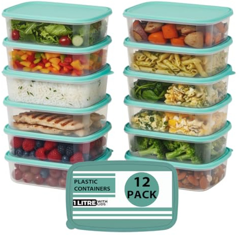 DRW 12-Pack 1L Airtight Meal Prep Containers with Green Lids – Leakproof, Microwave, Freezer & Dishwasher Safe, BPA-Free Food Storage Boxes (12)