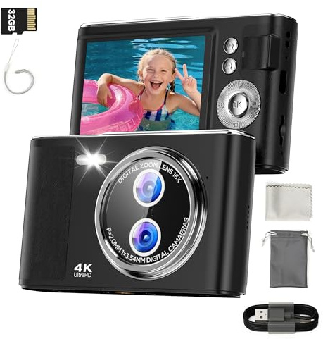 32Go Appareil Photo Numérique Enfant: 48MP Caméra avec Écran 4K 2,8 Pouces Anti-secousse Photographie Vlogging Caméra pour Youtube 16X Zoom Numérique Autofocus Compacte