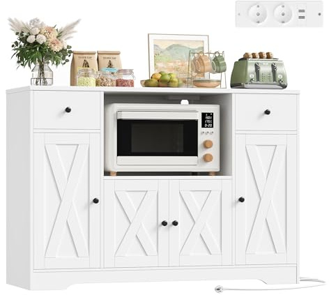HOCSOK 120 cm Credenza Cucina, Mobile Armadio Microonde con Presa di Corrente Porta USB, Buffet Mobile con Ripiani Regolabili, per Soggiorno, Cucina, Ingresso, Bianco