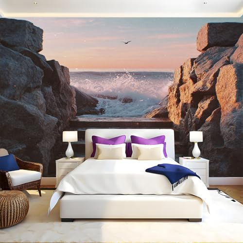 Roccia Carta da Parati Scale che portano al mare Fotomurali Effetto 3D Poster 450 x 315 cm Murale Poster Moderna Decor per Camera da letto Camera dei Bambini Soggiorno