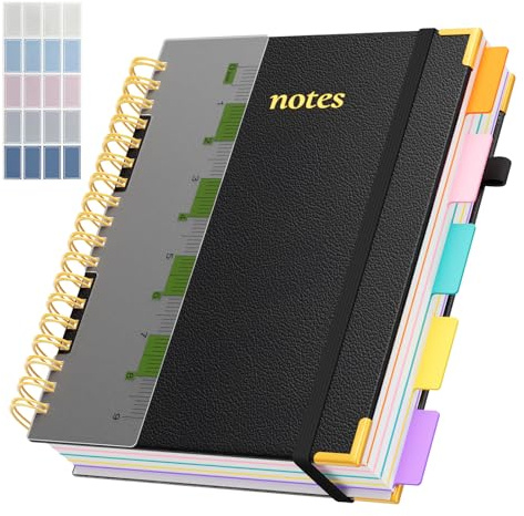 XYark Line Hardcover Spiral Notebook with Removable Dividers Tabs & Ruler, 5 Subject Notebook College Ruled, 300 Page, Large 8x10 B5 Notebooks for Work School, Lined Journal for Women & Men, Black
