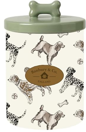 Banbury & Co Ceramic Dog Treat Jat, Pet Food Storage, 1.6L, Secure Lid | Dishwasher Safe, Stylish Dog Print Design, Airtight Rubber Seal Lid, Keeps Treats Fresh, Ideal for Dry Kibble & Treats