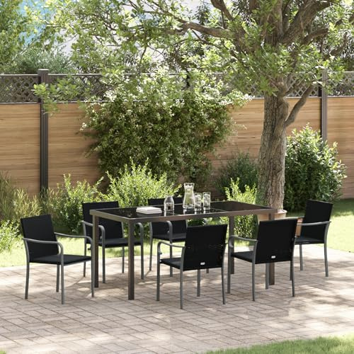 IBUQDDV 7-TLG. Garten-Essgruppe mit Kissen Schwarz Poly Rattan, Outdoor Loungemöbel Set aus robustem PE-Geflecht und Stahlrahmen, wetterfeste Polsterauflagen für Terrasse Balkon