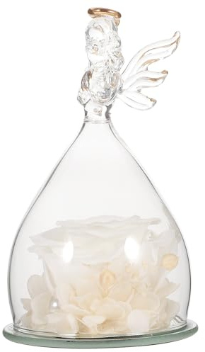 EPIGEIST Éternelle Fleur Préservée sous Cloche en Verre avec Ange Décoratif Blanc Ornement Romantique Compact pour Décoration Intérieure Présent Saint Valentin et Fête des Mères Fleur