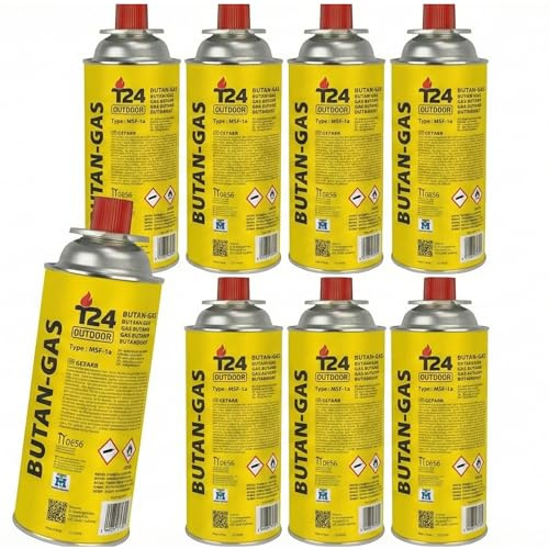 T24 Outdoor Gaskartusche 227g (MSF-1a) – 8 Stück Butan Gaskartuschen für Campingkocher, Gasheizung & Unkrautbrenner – Ventilkartusche Typ EN 417 – Universaldruckgasdose