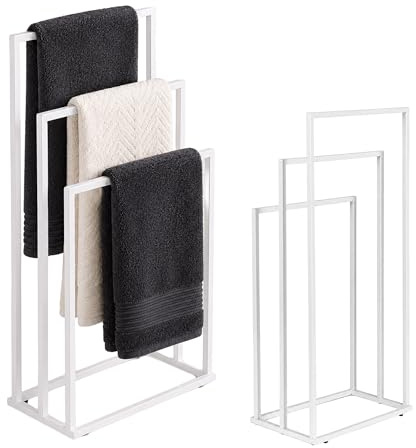 Handtuchständer freistehend Metall, Handtuchhalter modern für Bad, Handtuchhalter Bodenstehend, Badständer mit versetzten Stangen, für Badezimmer, Waschküche und Spa (Weiß, 3 Stangen)