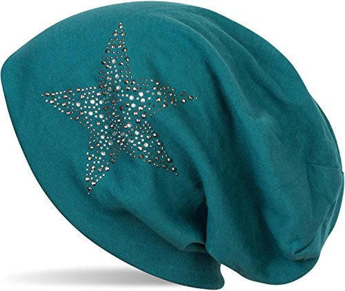 styleBREAKER Dam slouch beanie mössa med strass stjärna | glitter lång beanie av mjuk viskos | en storlek för vuxna, bensin, one size
