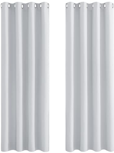 PONY DANCE Weiße Gardinen mit Ösen 2er Set Wärmeisolierende Vorhänge für Wohnzimmer Deko H 228 x B 117 cm Thermal Curtains for Living Room Verdunklungsvorhänge Grau-weiß