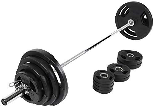 GORILLA SPORTS® Langhantel Set Olympia - 130kg Gewichten und Langhantelstange 218cm, 50mm, mit Federverschlüssen, gerändelt, Chrom, Kunststoff Hantelscheiben - Hantelset, Gewichtsscheiben, Hanteln