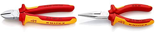 KNIPEX 70 06 180 Seitenschneider verchromt isoliert mit Mehrkomponenten-Hüllen, 180 mm & 25 06 160 Flachrundzange mit Schneide Radiozange verchromt isoliert mit Mehrkomponenten-Hüllen, 160 mm