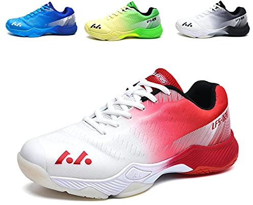 BLBK Badmintonskor, squashskor, inomhusskor för olika golvbeläggningar, bekväma och fast grepp/unisex volleybollskor, Vit toning röd, 38 EU