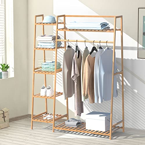 GAZHOME Bamboo Clothes Rails for Bedroom Storage, Coat Rack for Hanging Clothes, Garment Rack with 5 Shelves for Organizing Towel Shoes and Boxes