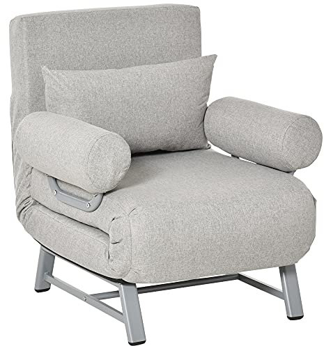 HOMCOM Fauteuil chauffeuse canapé-lit Convertible inclinable 1 Place Grand Confort Coussin lombaires accoudoirs piètement métal Lin Gris Clair