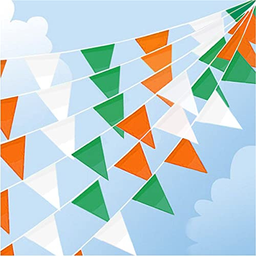 Guirlande de fanions étanches en polyéthylène vert, blanc et orange de 40 m - Décoration de défilé de la Saint-Patrick - Drapeaux de fête nationale irlandaise - Décoration festive pour jardin, rue,
