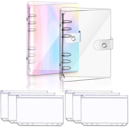 SNAGAROG 2 Stück PVC Ringbuchordner Und 6 Stück Binder-Taschen(21 * 15cm), A5 Transparent/Regenbogen Notizbuch Ringbuchordner für Tagebuch, Reisetagebuch, Business-Notizbuch(23.8 * 17.5cm)