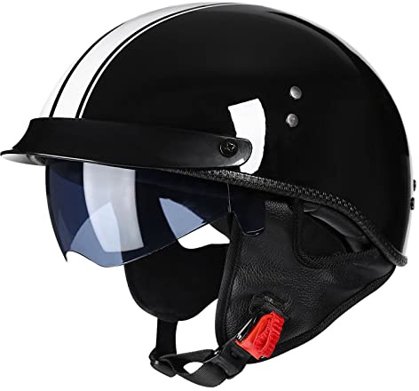 LHBM Retro Oldtimer Halbschale Jet-Helm Motorrad-Helm Brain-Cap,DOT/ECE-Zulassung Halbschale Motorrad-Helm Jet-Helm Roller-Helm Scooter-Helm Retro Motorrad Half Helm mit Built-in Visier C,M=55-56cm