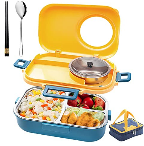 LANSKYWARE Edelstahl Bento Box mit Isolierter Lunchtasche 900ml Lunchbox & 200ml Suppenschüssel, Blau & Gelb