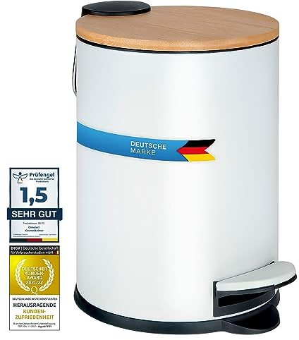 Dimono® Kosmetikeimer Bad-Mülleimer Abfalleimer 3 und 5 Liter Tret-Eimer mit flachem Bambus-Deckel und Anti-Rutsch-Tritt für Badezimmer & Küche (3 Liter)