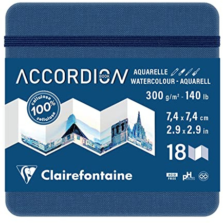 Clairefontaine 975968C - Akkordeon-Zeichenbuch ideal für die Aquarell, 7,4x7,4cm, 300g mittelfeine Körnung, 18 Blatt, ideal für Landschaften, 1 Stück