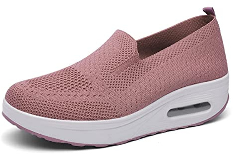CRETUAO Ortopediska Sneakers för kvinnor, Slip-On Walking Mesh Skor, 2023 Outdoor Comfort Loafers Bred passform Luftkudde Stickad Andas halkfria platta vardagsskor,Pink,40 EU